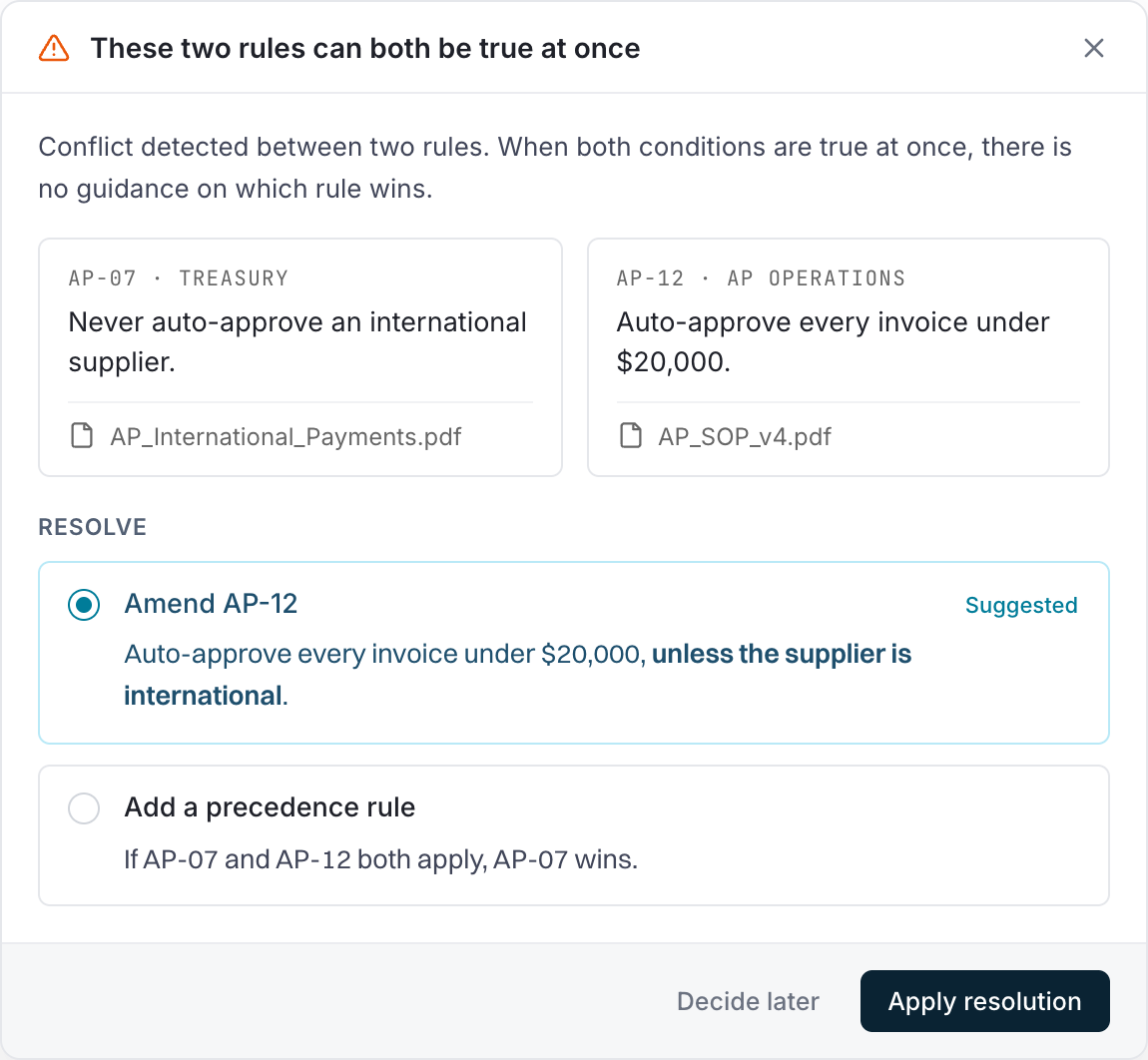 Two AP policies in conflict: one forbidding auto-approval of international suppliers, one auto-approving every invoice under $20K, flagged against each other with a prompt to say which takes precedence.